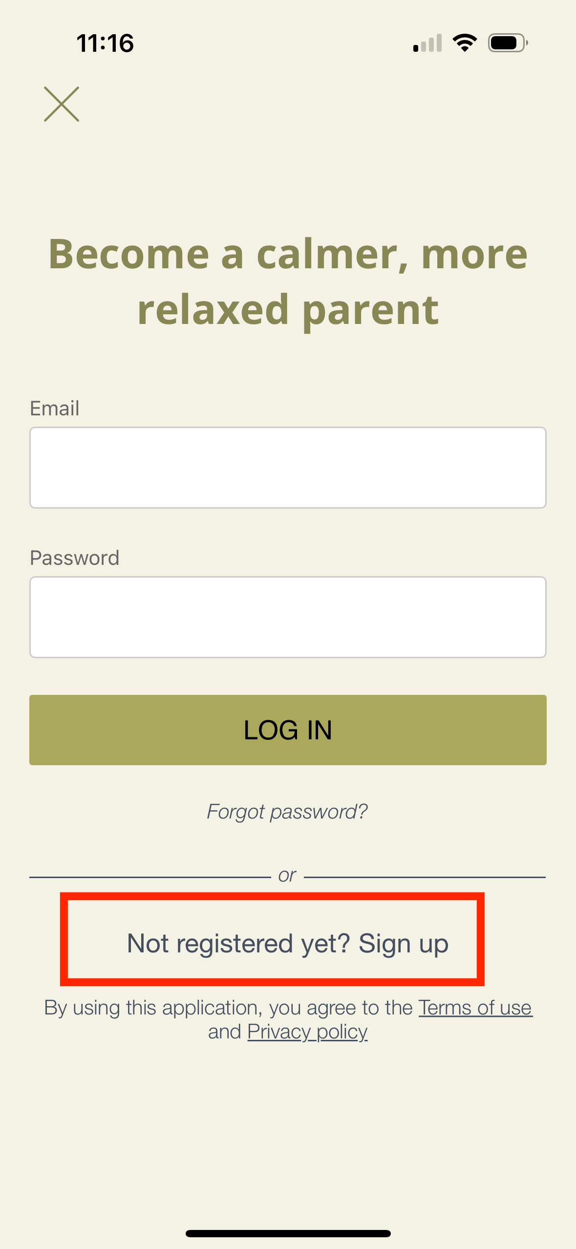 Sign up link on login screen